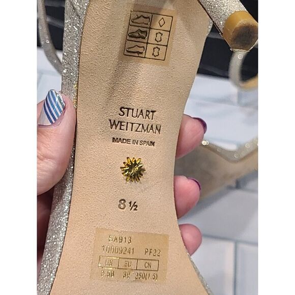 Stuart Weitzman Nudistcurve Ankle Strap Platino Glitter Sandals Heels | 8½ EUC - Picture 10 of 12